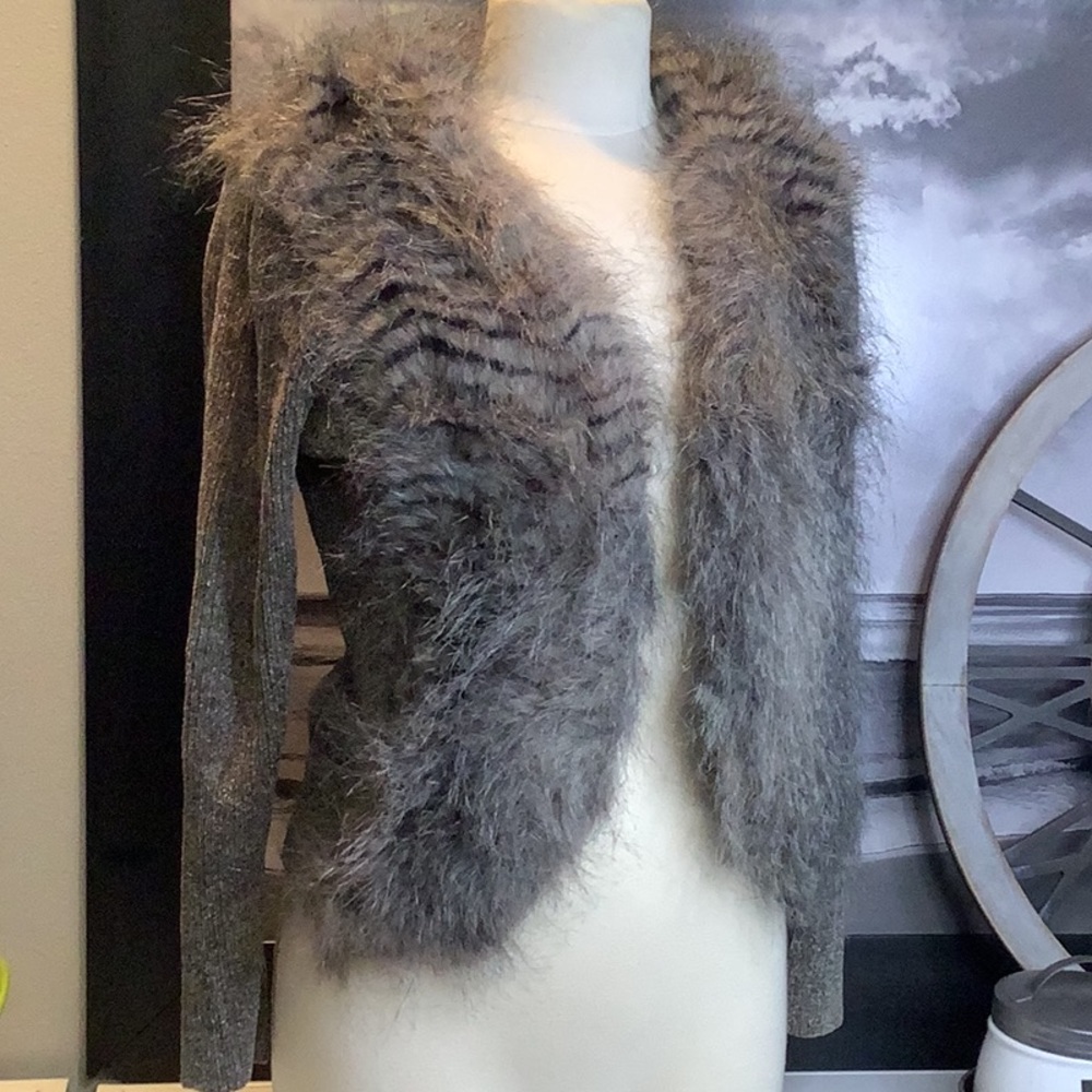 Vintage Lisa International Chenille Faux Fur C Gray Sweater Jacket Cardigan PM